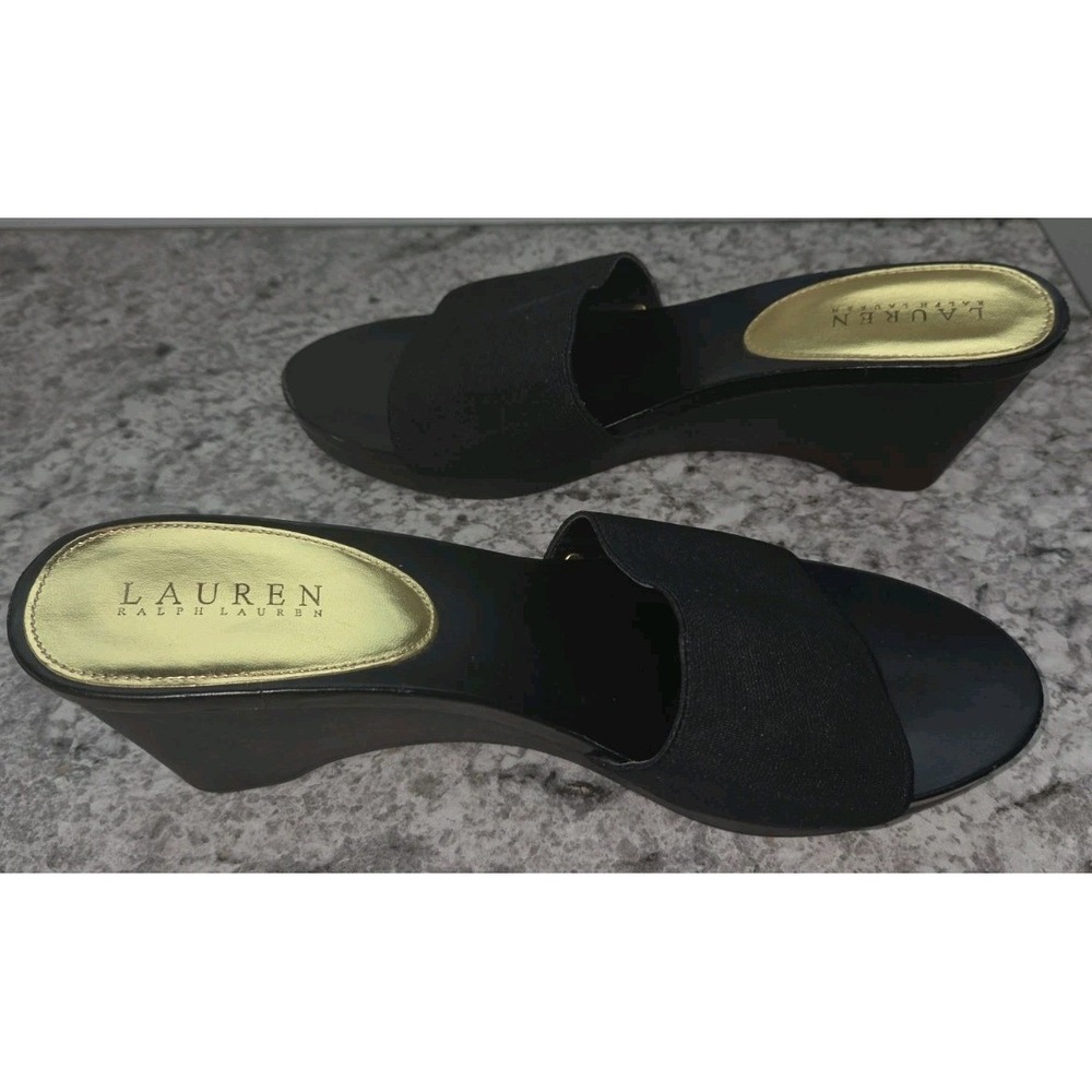 Lauren Ralph Lauren Women Black 10 B Wedge Heels Espadrille Sandals Strech Shoes